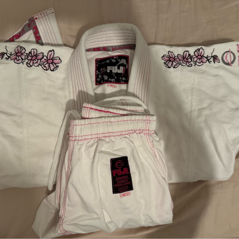 Fuji White Kimono/Gi with Pink Floral Embroidery